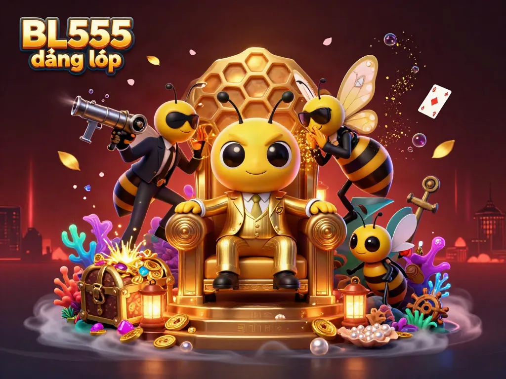 Engage in gaming with BL555 đăng nhập as a vibrant 3D illustration showcases a buzzing bumblebee mob boss in a golden throne.