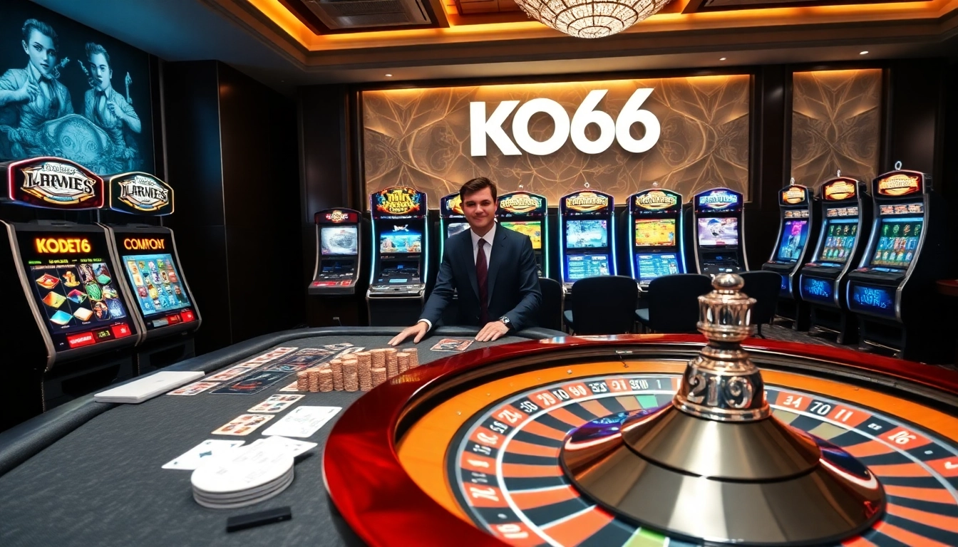 Khu vực trò chơi KO66 với poker cược cao và máy slot sống động.