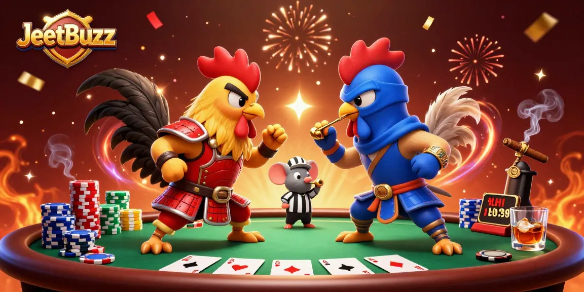Engage in thrilling action at JeetBuzz, where fighting roosters clash amid a vibrant casino scene.