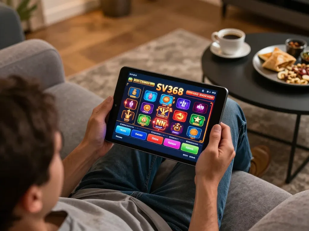 Engaging with SV368 VN casino app on tablet during a cozy home gaming session.