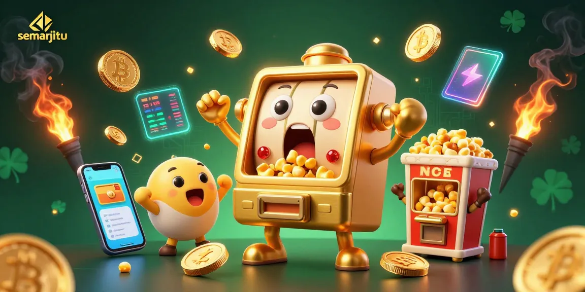 Semarjitu memukau dengan mesin slot emas yang terkejut saat jackpot, dikelilingi koin crypto.