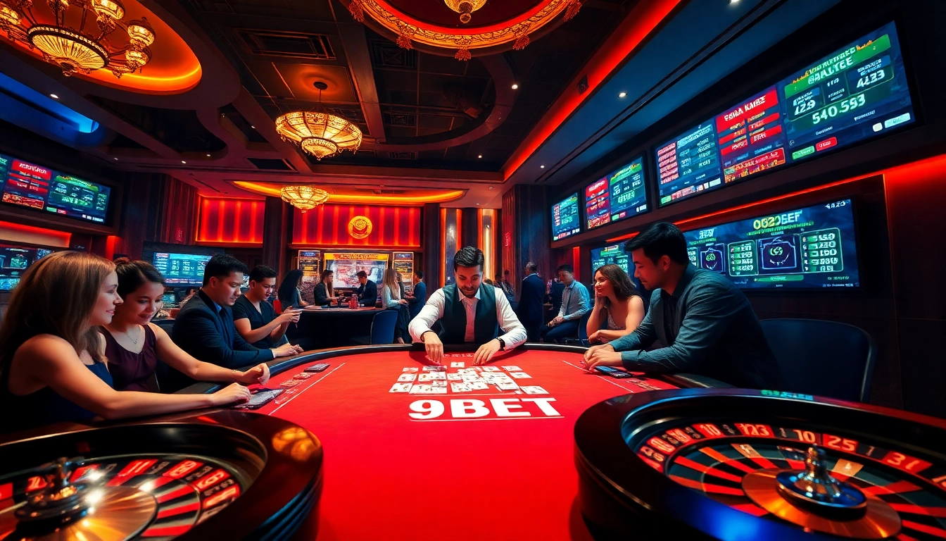Players engaging intensely at a 9BET poker table amidst a vibrant casino atmosphere.