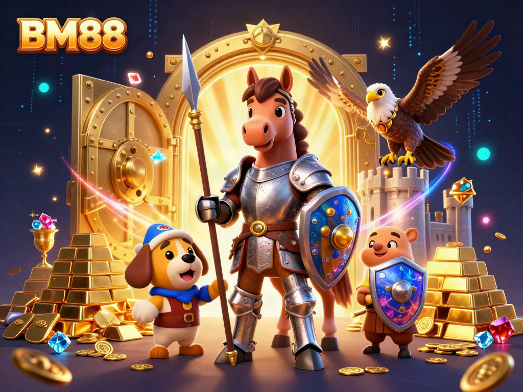 Experience the thrill of BM88 with the knight, squire, and falcon amidst a treasure-filled scene.