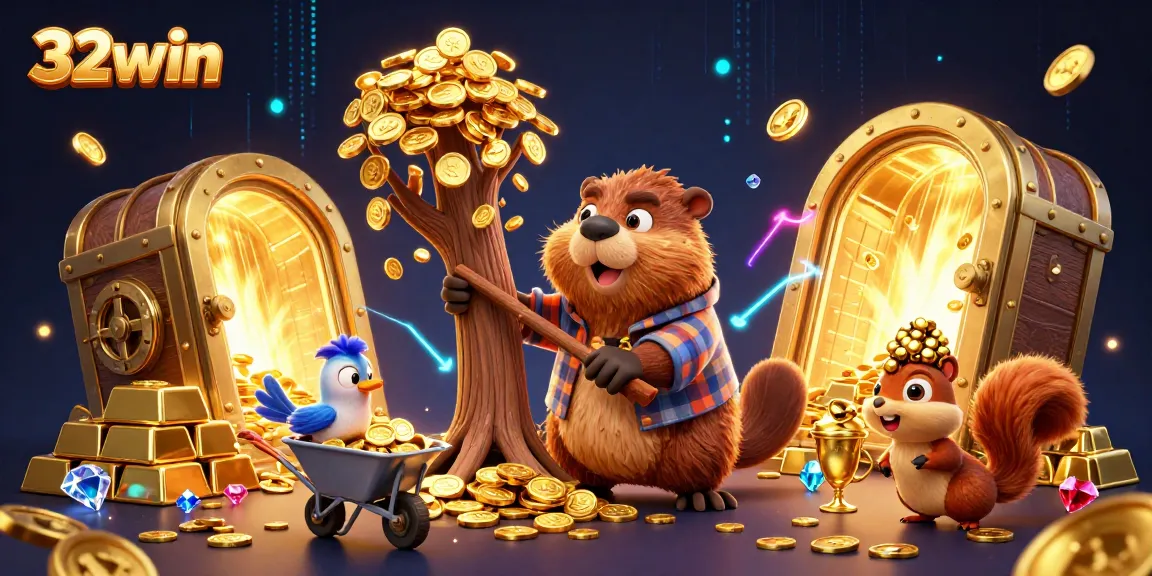 Experience winning at 32win with vibrant cartoon beaver collecting coins surrounded by treasures.