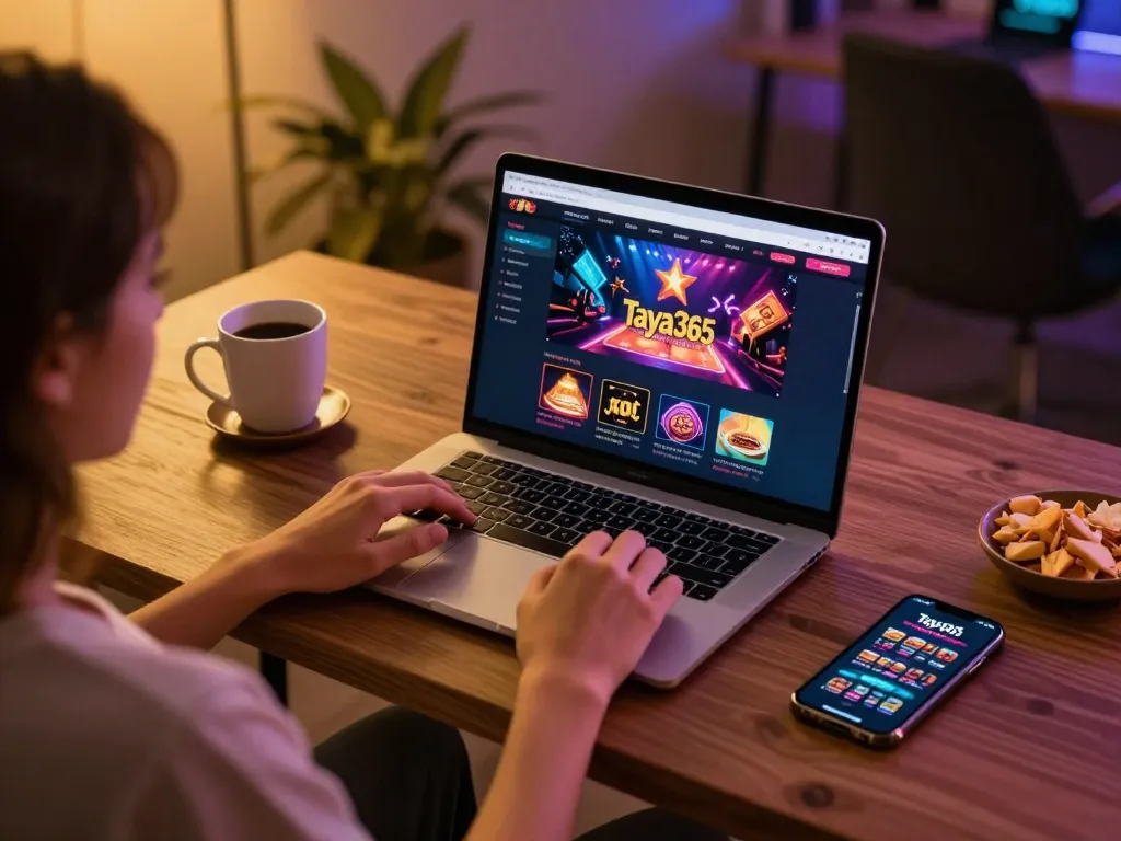 Taya365 player engaging with the online casino app on a laptop in a cozy home setup.