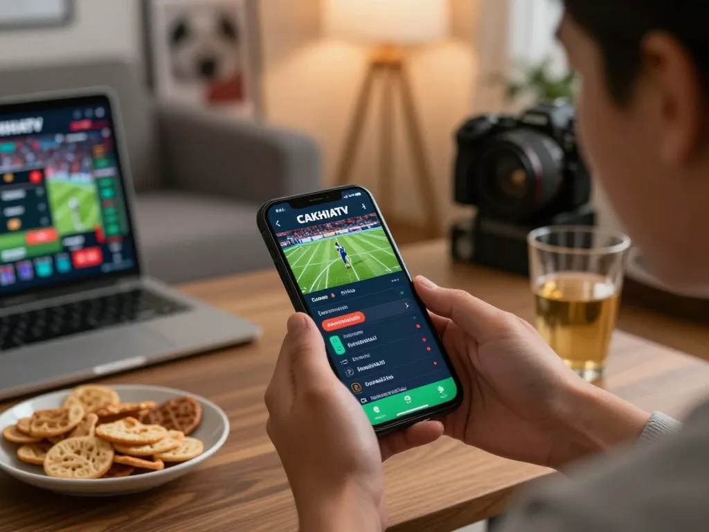 Person actively using CAKHIATV app for live sports betting in a cozy home atmosphere.