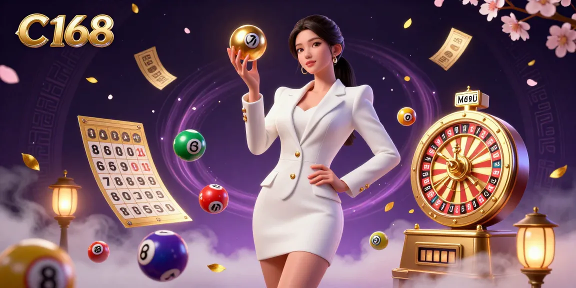 C168 roulette ball showcased in a dynamic casino scene filled with lottery elements and vibrant decorations.