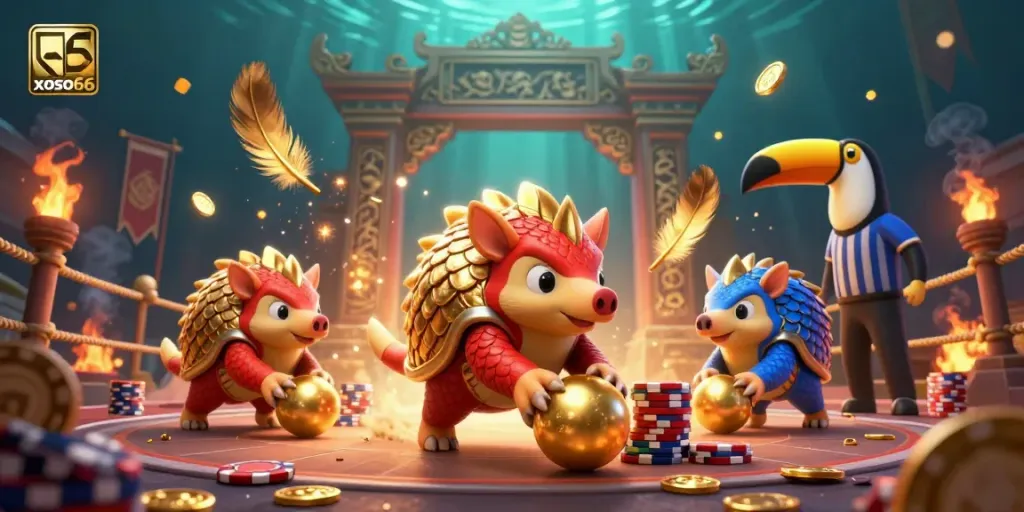 Experience thrilling gameplay in xoso66 as pangolins roll into golden balls among poker chips.