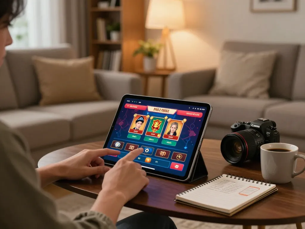 Engaging with the nhà cái 79club app on a tablet in a cozy home setting, highlighting user-friendly online gaming.