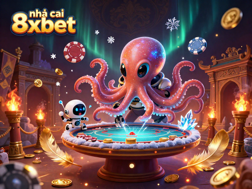 Engage with nhà cái 8xbet in a dynamic 3D casino illustration featuring an alien octopus and robot at a poker table.