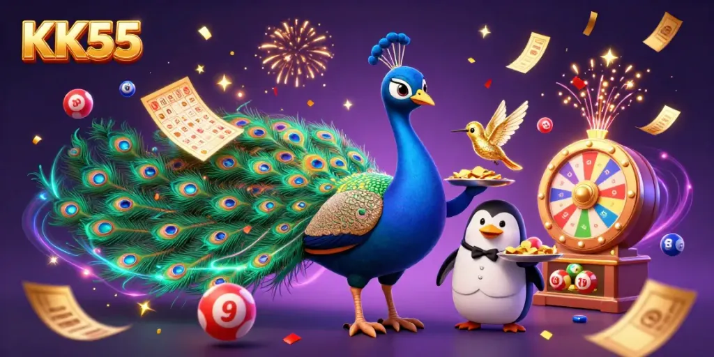 Experience vibrant gaming with KK55, featuring peacock and penguin characters amidst dynamic lottery symbols.