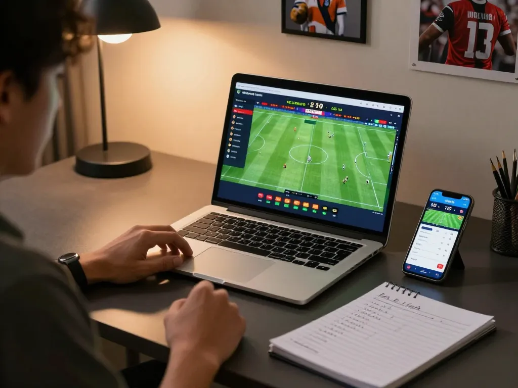 Engaging player analyzing kèo nhà cái sports betting odds on laptop to enhance betting strategy.