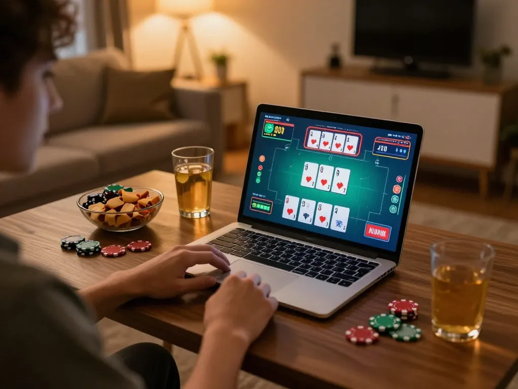 E2bet player enjoying blackjack at home with laptop and snacks, showcasing online gambling.
