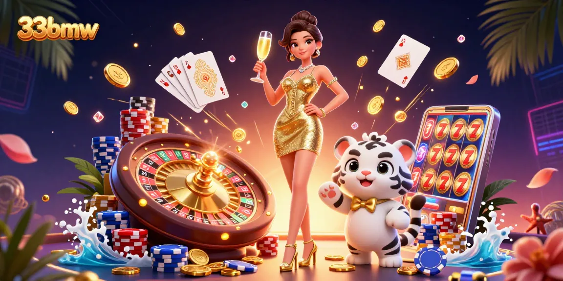 Engage with 33bmw's vibrant casino scene featuring a glamorous woman and a lucky tiger cub.