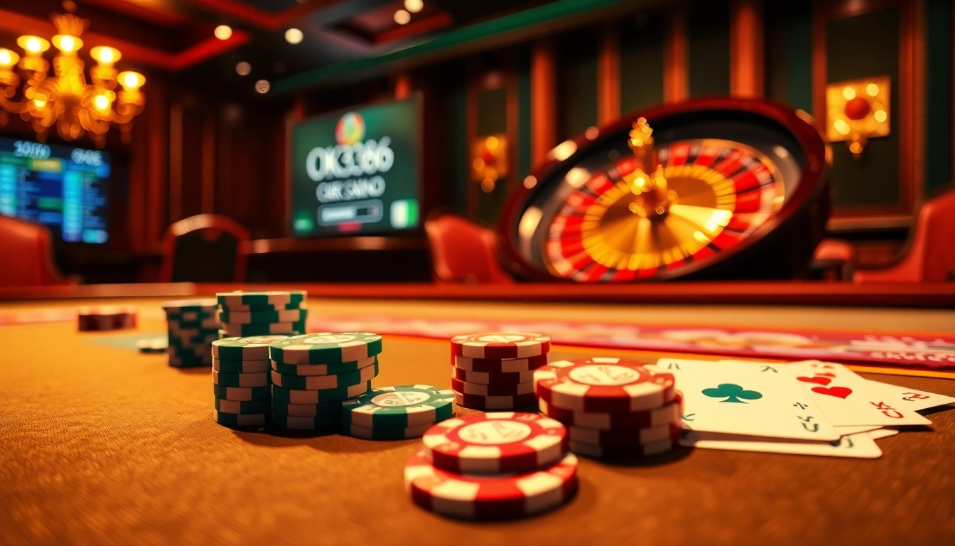 Experience the excitement of OK8386 with a vibrant casino scene featuring poker chips and a roulette wheel.