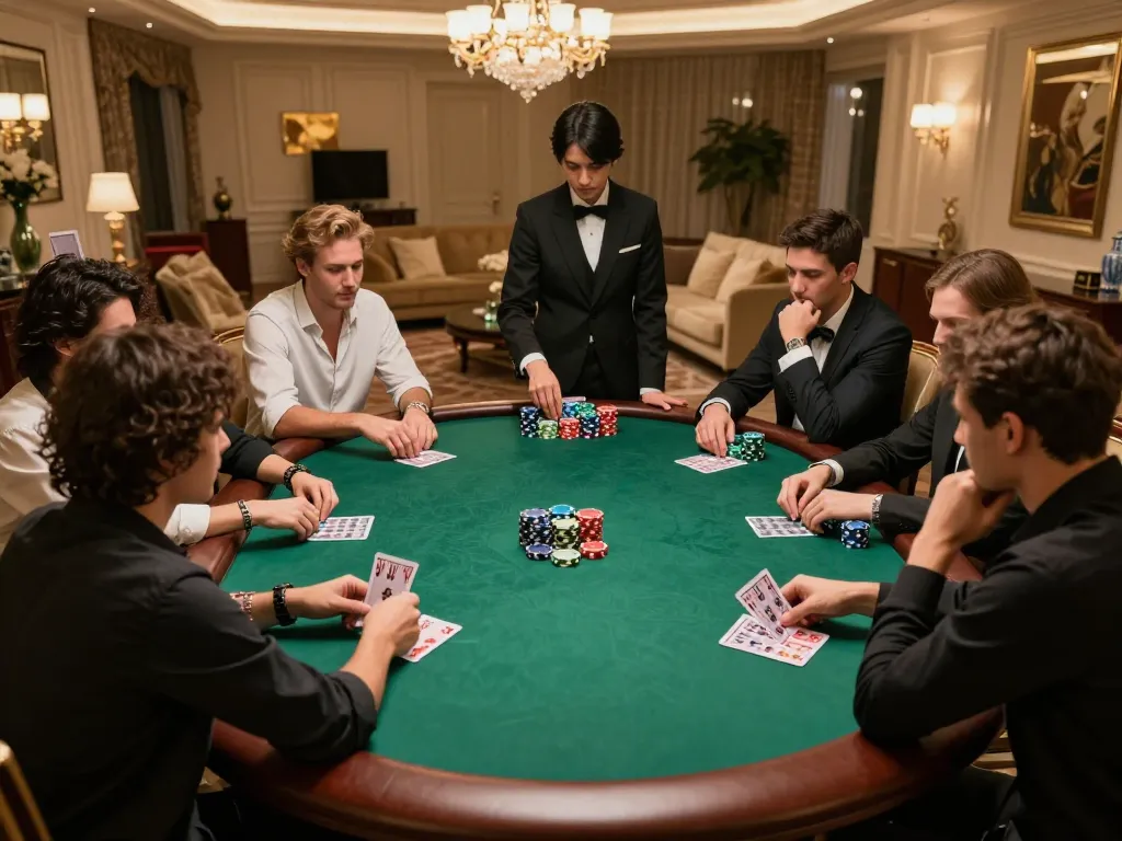 Action-packed poker game at OKFUN's exclusive table with players strategizing bets.