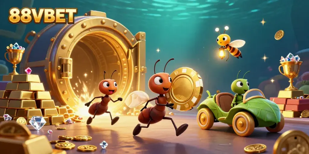 Catch the excitement of 88VBET with cartoon ants carrying a giant poker chip in a vibrant casino tunnel.