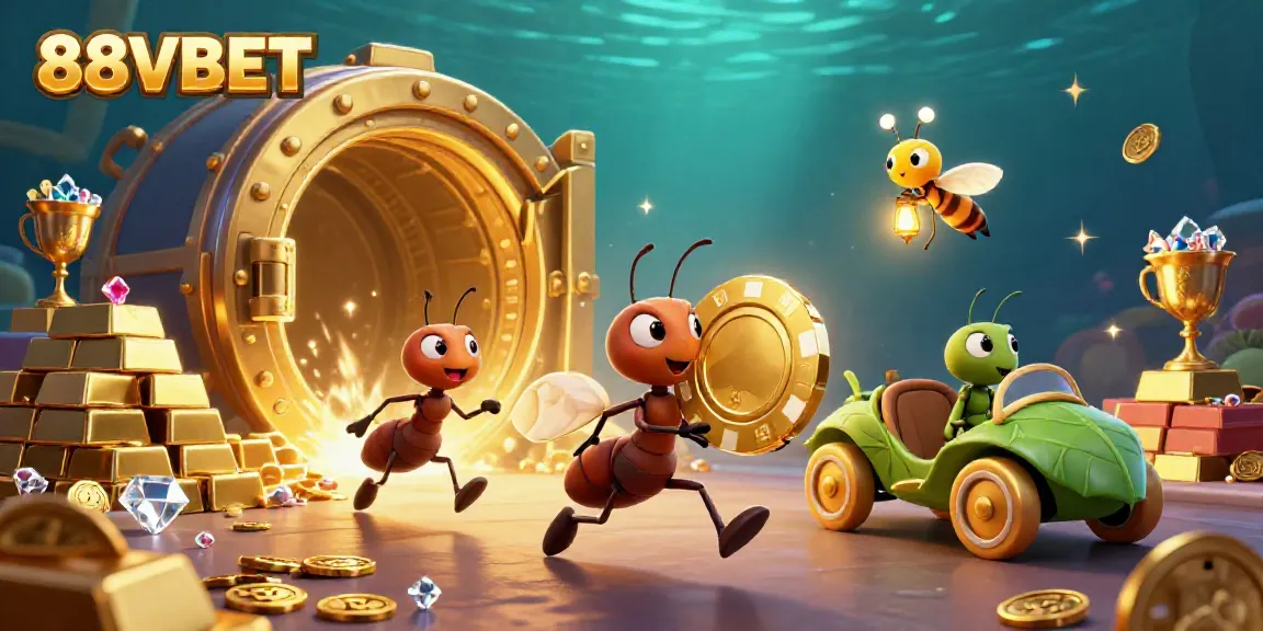 Catch the excitement of 88VBET with cartoon ants carrying a giant poker chip in a vibrant casino tunnel.