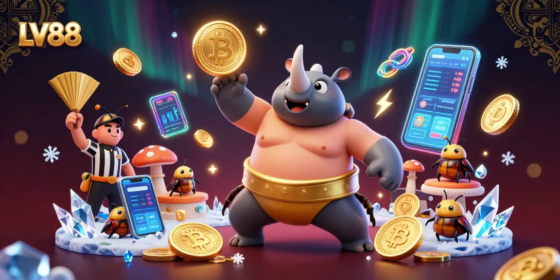 Experience exhilarating gambling action with LV88 in a vibrant, detailed scene featuring a sumo beetle champion and crypto elements.