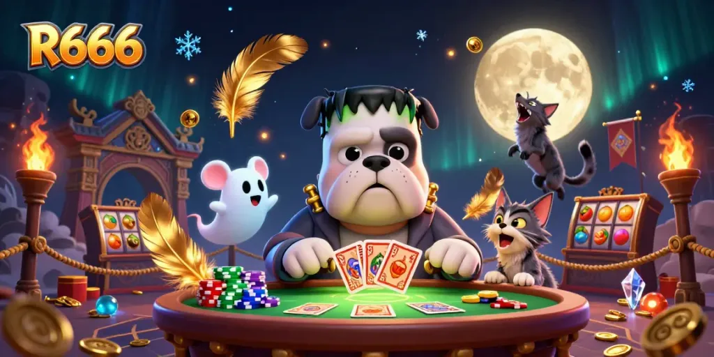 In R666, a Frankenstein bulldog deals cards at a haunted casino table with a ghost mouse.