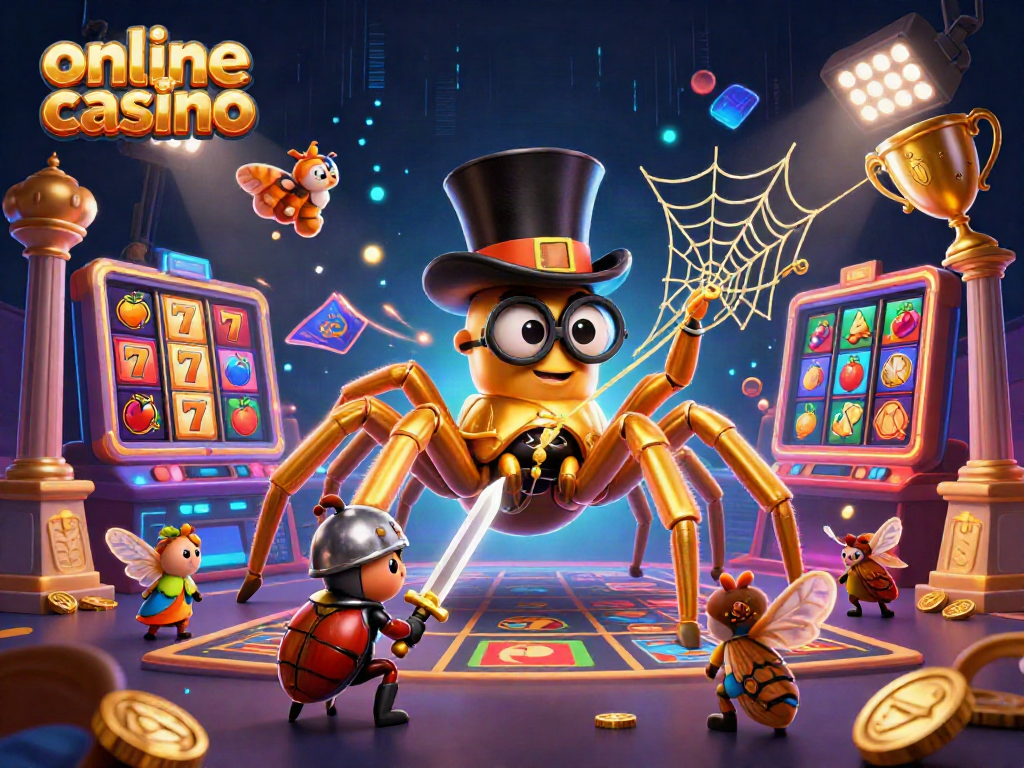 Engaging online casino scene featuring a golden tarantula and beetle knight with vibrant casino elements.