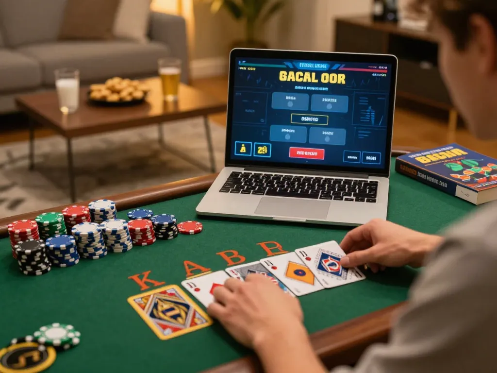 gem88 player enjoying a live dealer blackjack game on a laptop in a cozy home setting