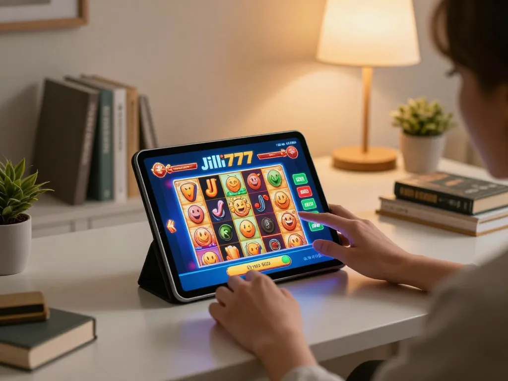 Engaging with Jili777 online casino on a tablet in a cozy home setting