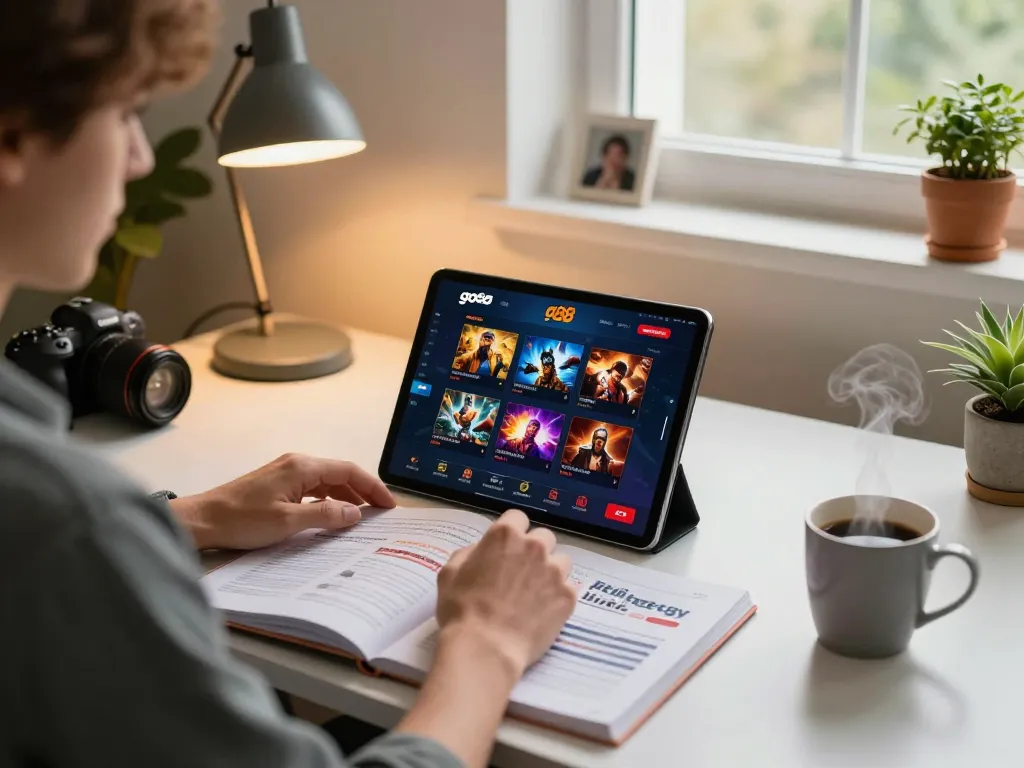 Player engaging with the go88 online gaming platform on a tablet in a cozy home office setting.