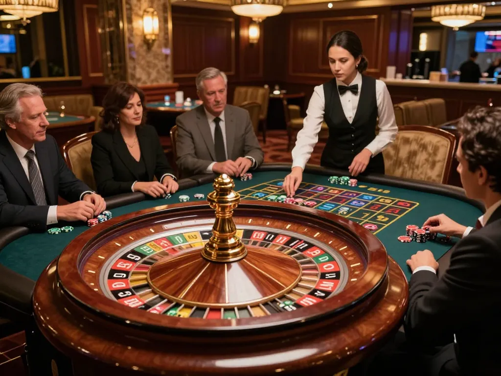 Engaging scene of kèo nhà cái players wagering on roulette in a luxurious casino setting