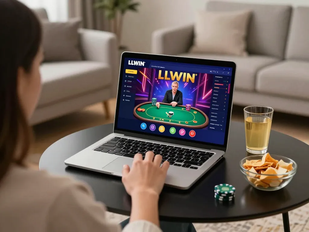 LLWIN user enjoying online poker on laptop in a cozy home environment with snacks nearby