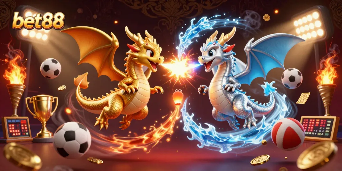 Win big while playing bet88 with dynamic dragons and exciting sports elements in this vibrant illustration.