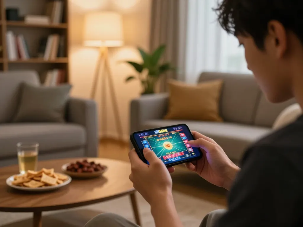 Engaged user playing exciting casino games on nhà cái QQ88 mobile app in cozy home setup.