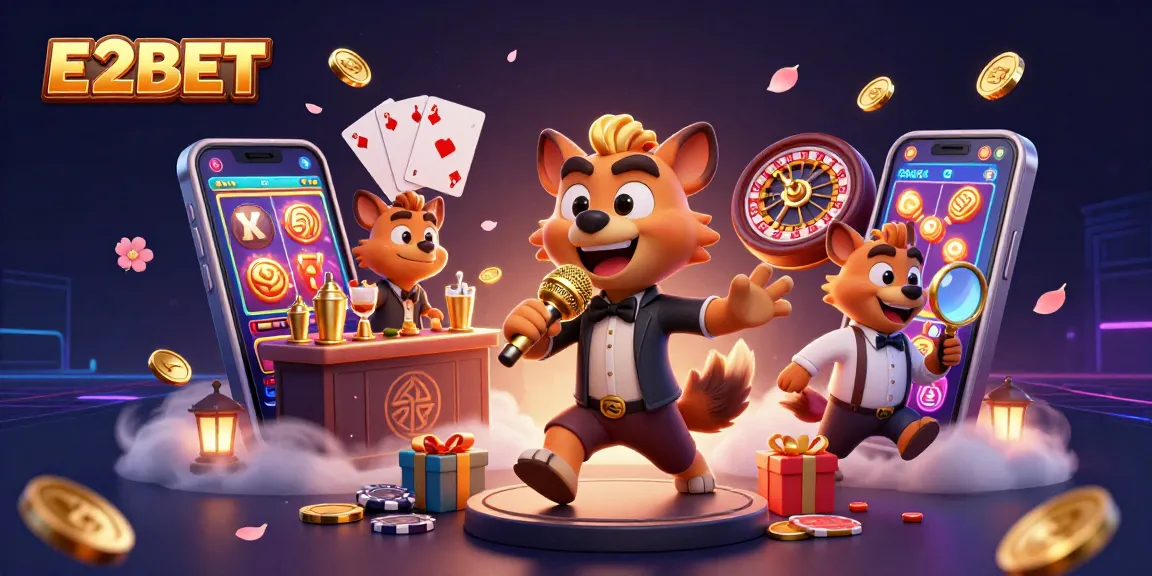 E2BET hyenas delight in a vibrant casino scene, showcasing fun games and excitement.