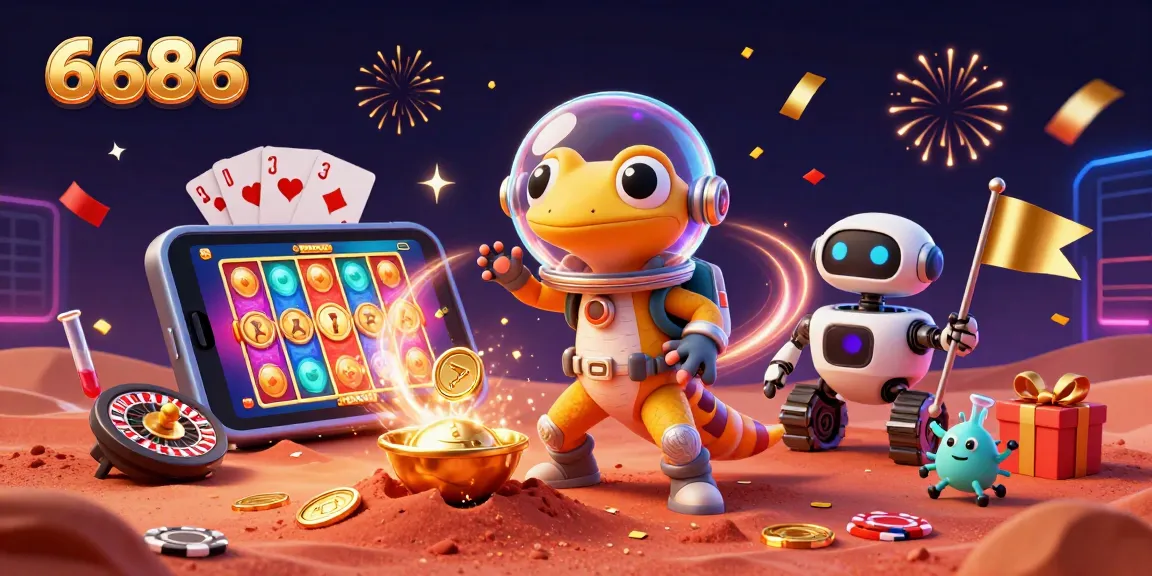 Experience gaming at 6686 with a Martian gecko discovering a golden casino in a vibrant alien scene.