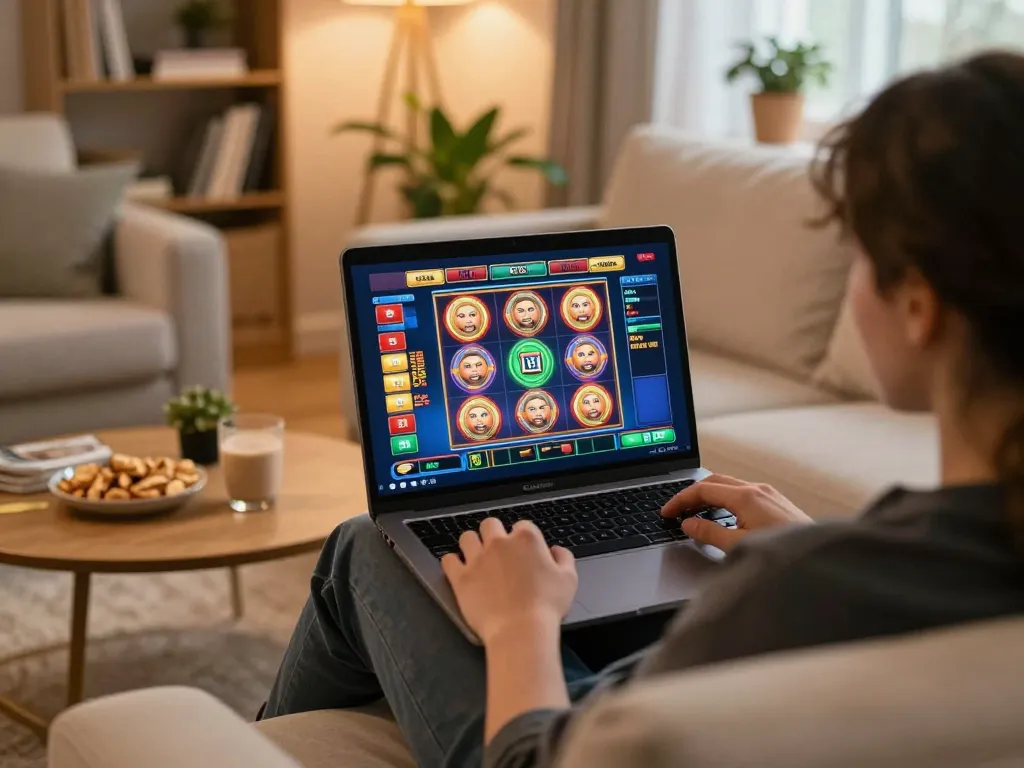 Play hbet games on a laptop while enjoying a cozy home atmosphere filled with snacks and drinks.