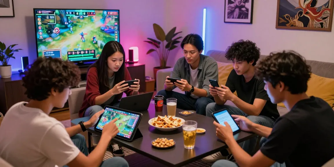 Teman-teman bermain 68 game bài di ruang tamu yang modern dengan suasana ceria dan lampu LED.