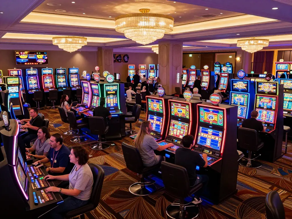 Watch players celebrate wins at various slot machines on https://va88.now/ in a vibrant modern casino.