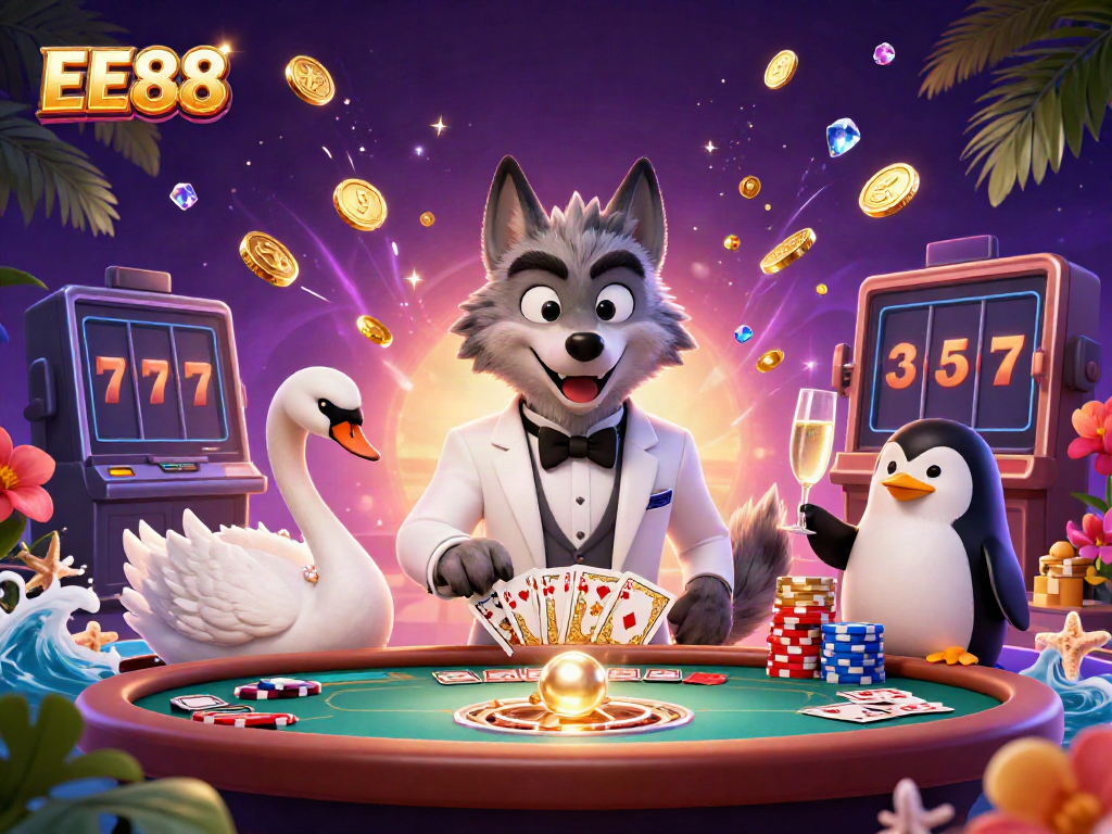 Experience the thrill of gaming at EE88 with a debonair wolf, elegant swan, and penguin in 3D.