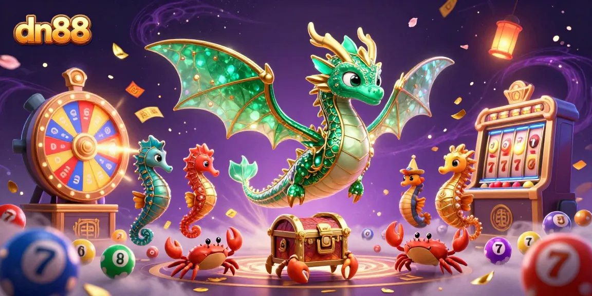 Experience the magic of dn88 with a vibrant, animated casino scene featuring a dragon, lotteries, and prizes.