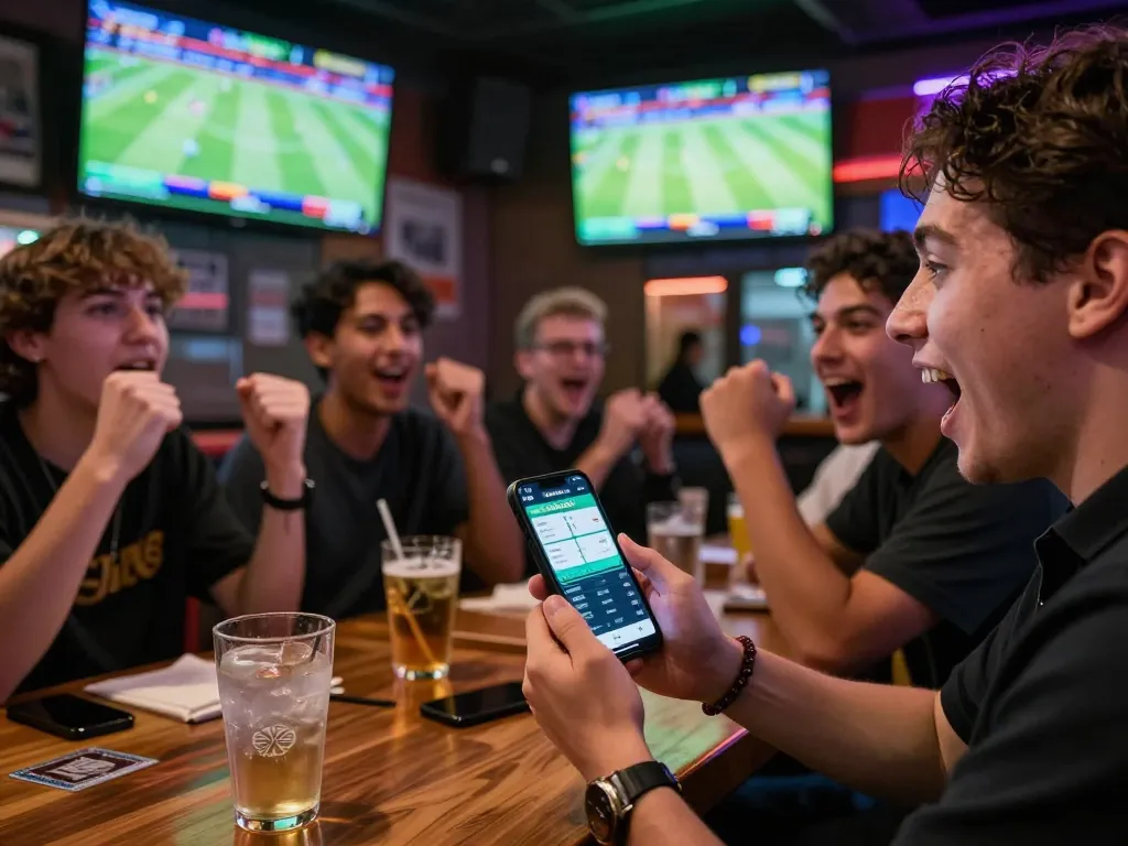 Excited fans enjoying RR88 thể thao sports betting while watching live game in vibrant bar