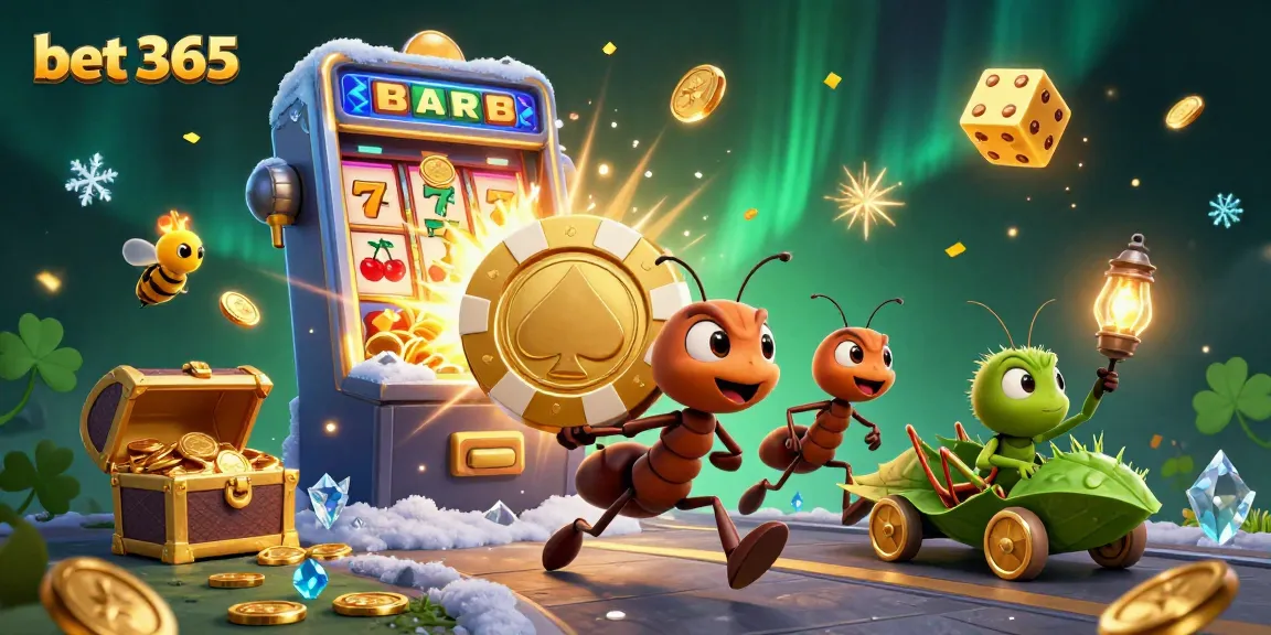 Engage in a thrilling bet 365 adventure with a heist team of ants, accompanied by vibrant casino elements.