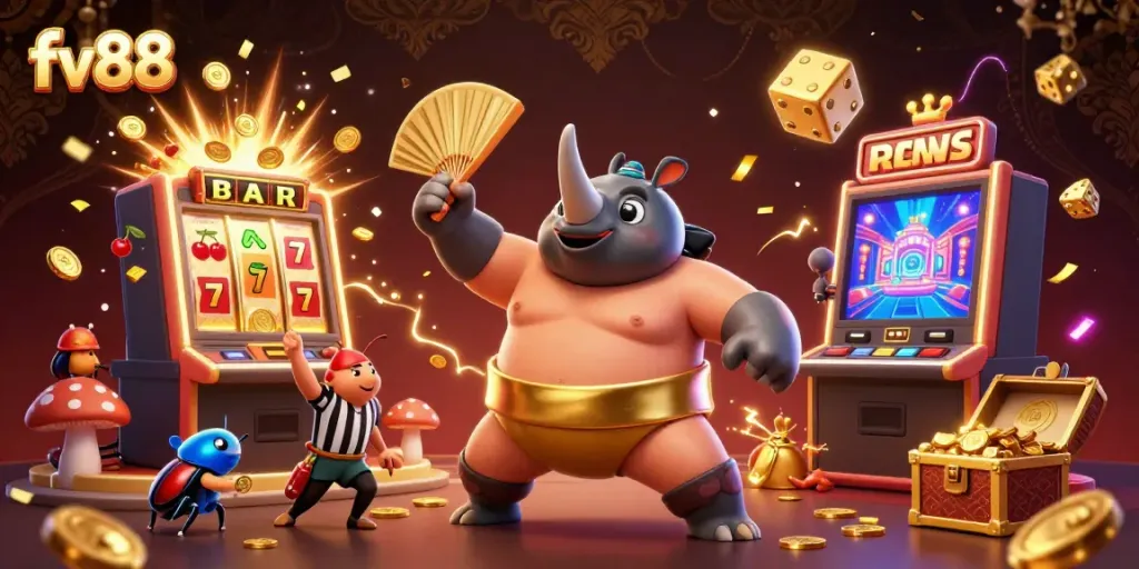 Win big with fv88 as a rhinoceros beetle champion stomps coins, exemplifying online gaming excitement.