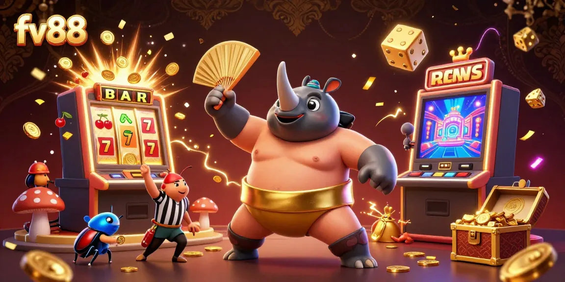Win big with fv88 as a rhinoceros beetle champion stomps coins, exemplifying online gaming excitement.