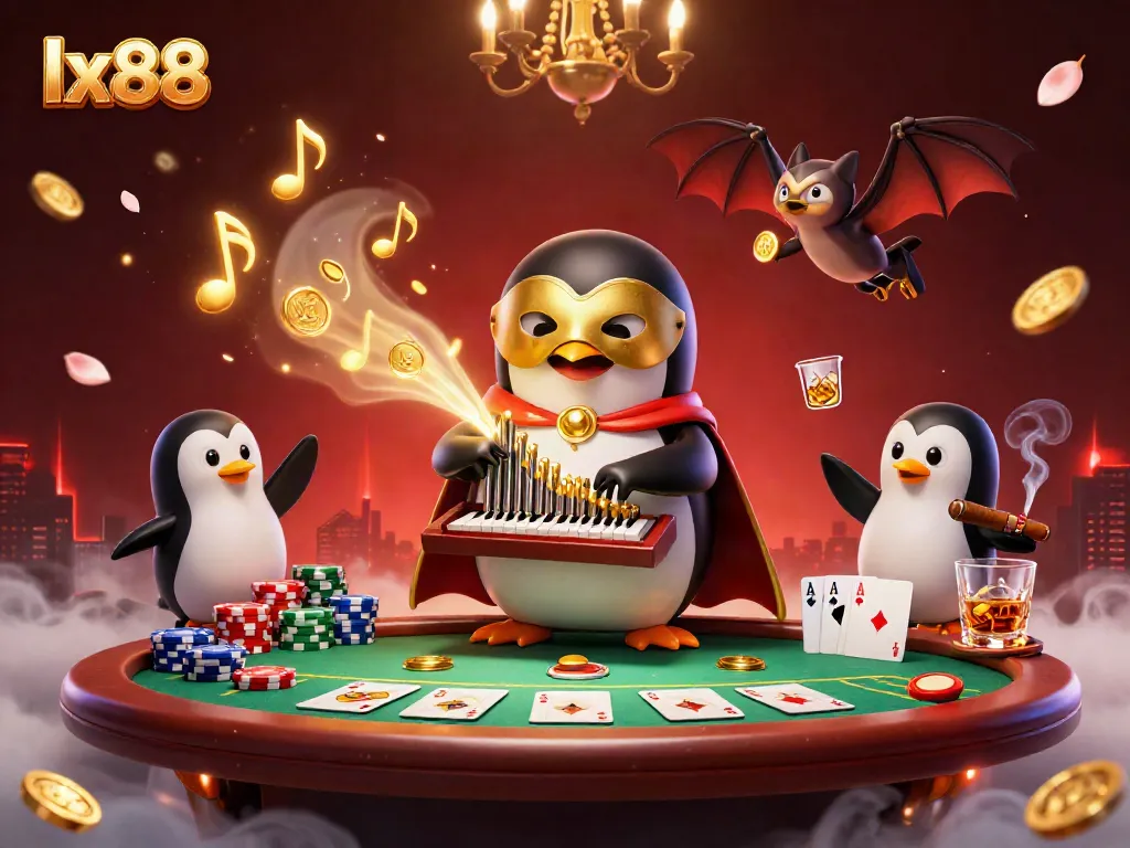 Experience winning at lx88 casino with a 3D phantom penguin and vibrant poker elements.