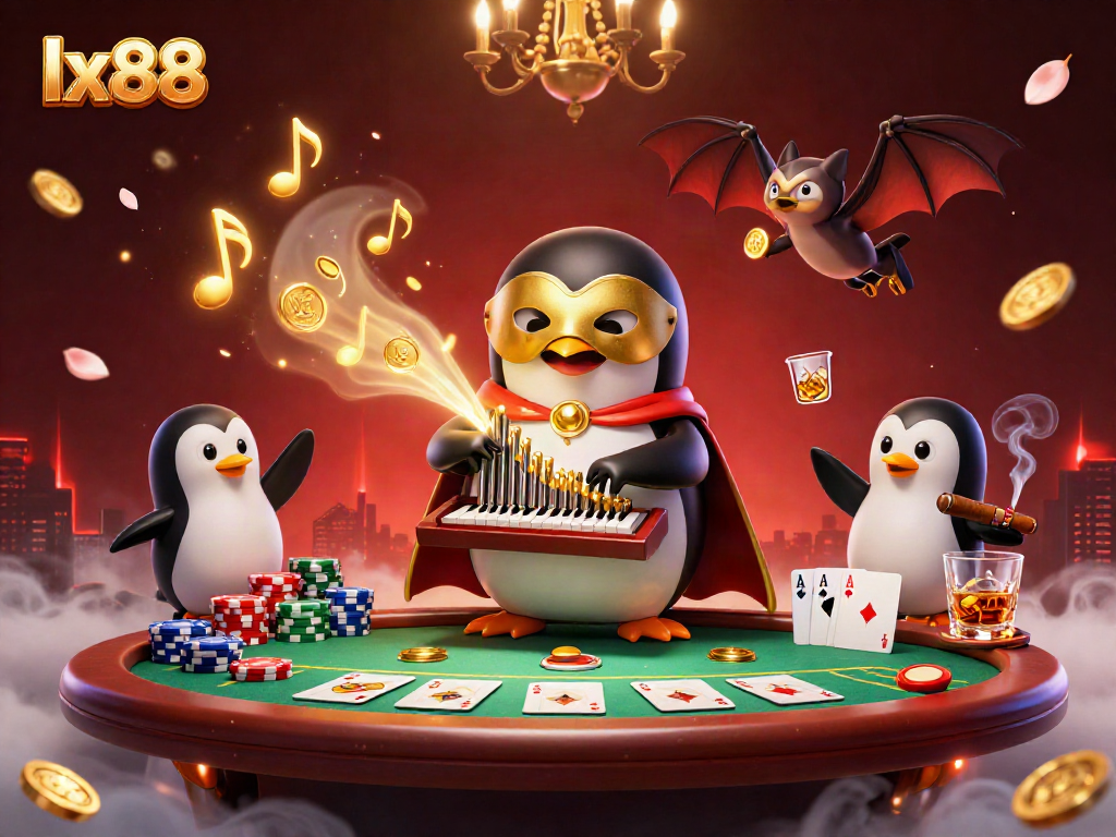 Experience winning at lx88 casino with a 3D phantom penguin and vibrant poker elements.