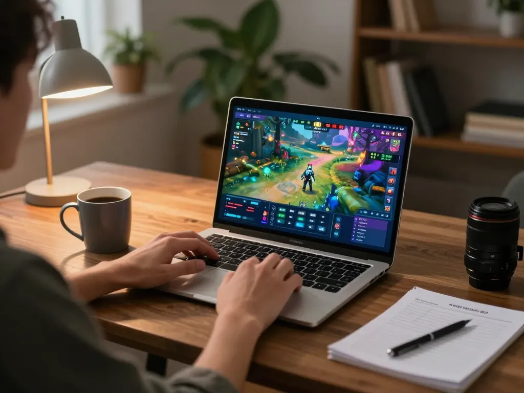 Engaging home online gaming scene featuring rikvip on a laptop screen with strategy notes.