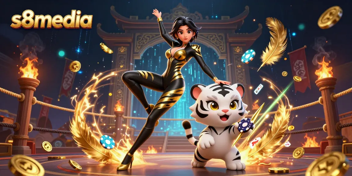 S8media engages players with a captivating 3D scene featuring a woman and tiger in an exciting gambling environment.