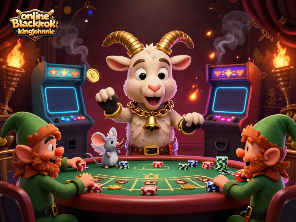 Engage with online blackjack kingjohnnie in a lively 3D casino scene featuring festive characters and colorful game elements.