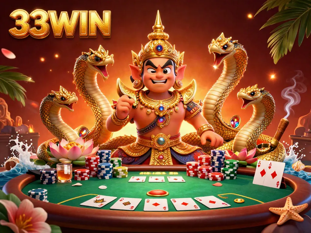 Experience high-stakes poker action at 33WIN with our vibrant and dynamic 3D illustration.