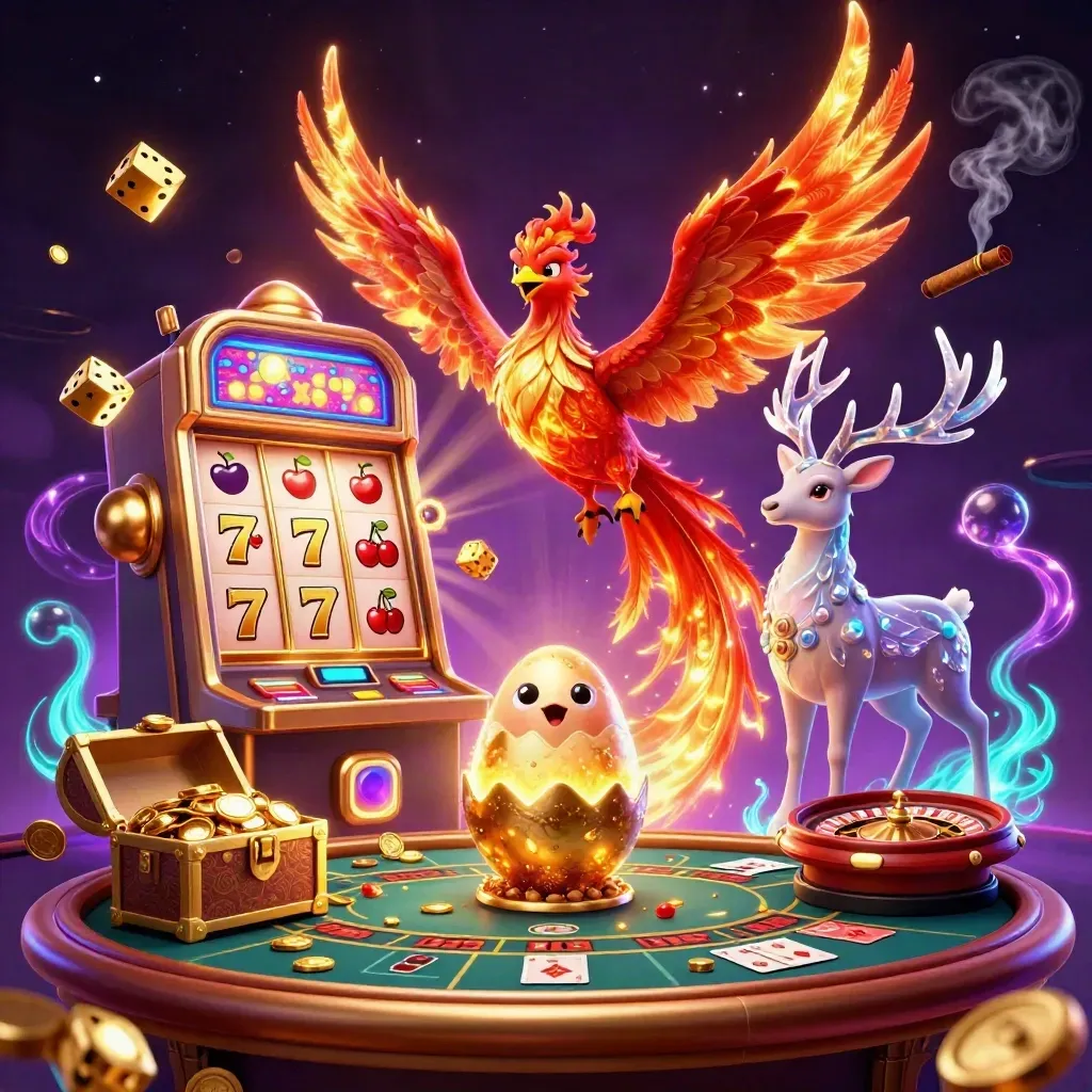 Phoenix, stag, and slot machine burst through a purple-gold casino scene.